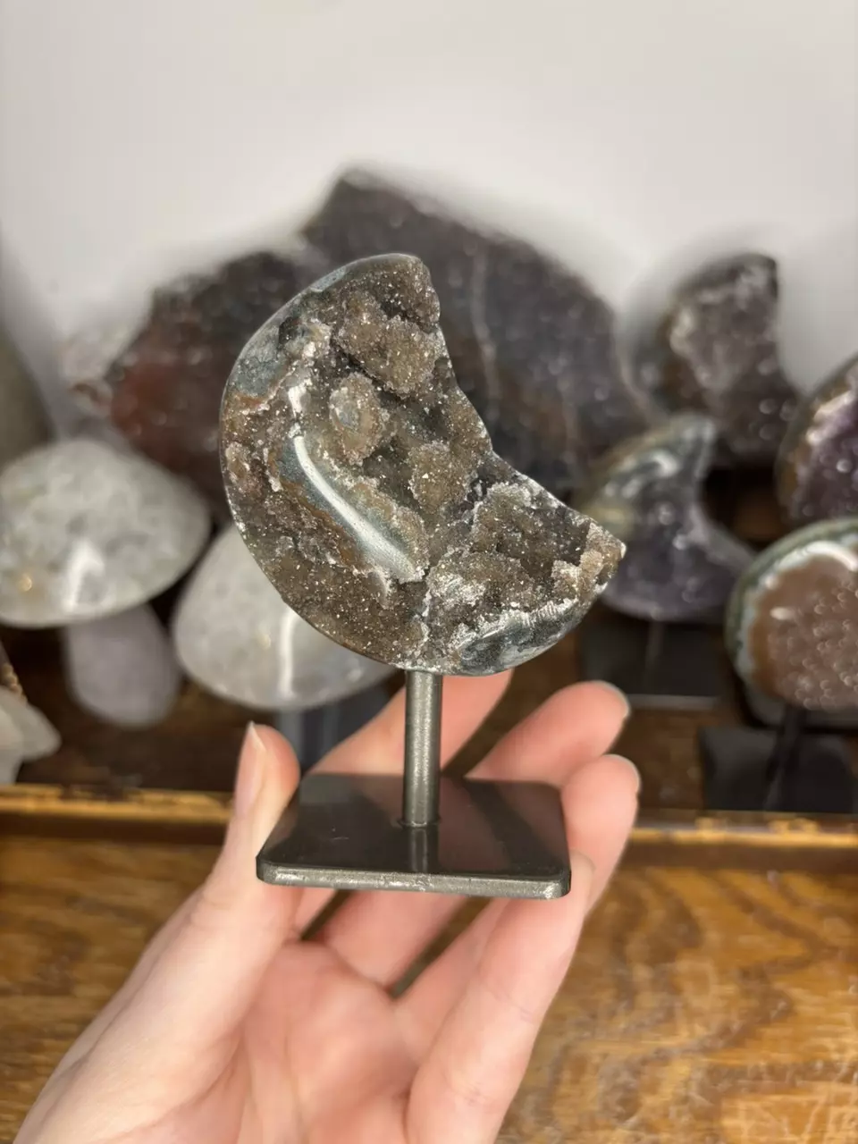 Hand Carved Amethyst Moon on stand from Uruguay 30B thumbnail