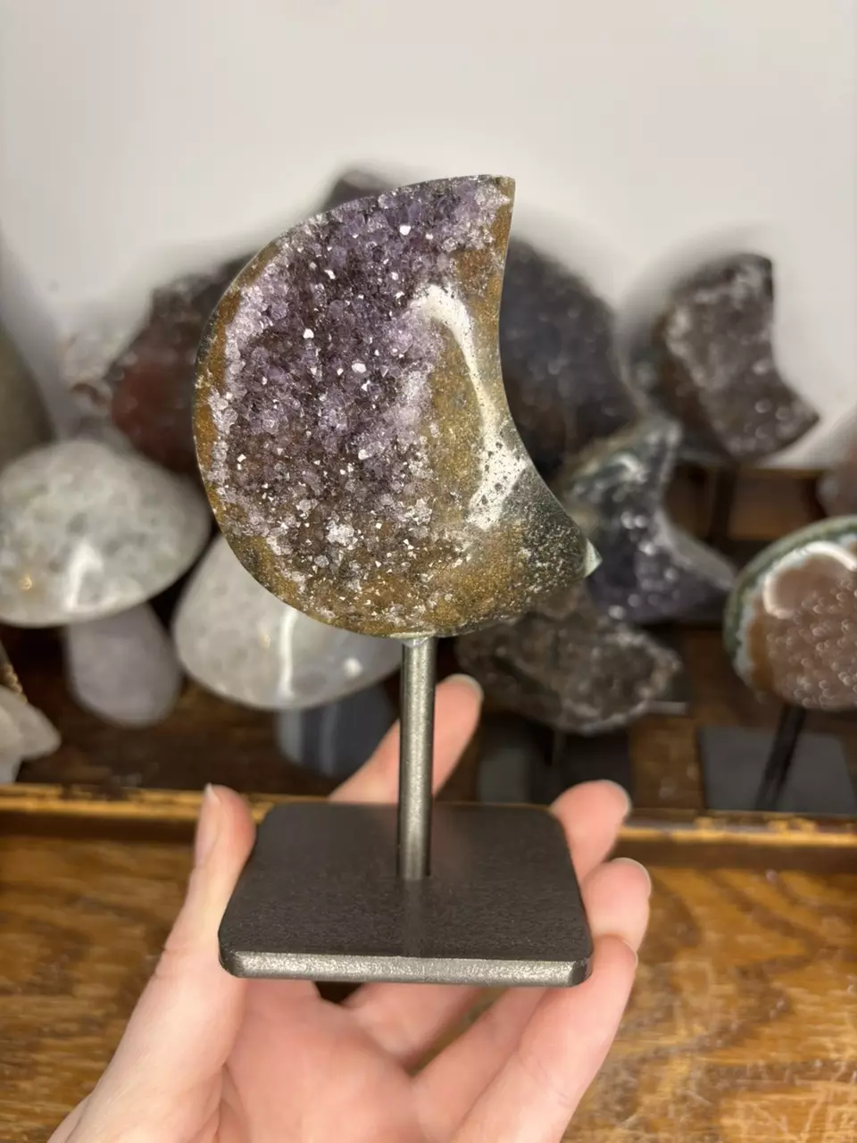 Hand Carved Amethyst Moon on stand from Uruguay 55 thumbnail