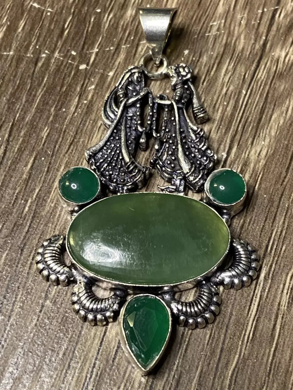 Nephrite Jade, Chalcedony & Emerald & Silver Pendant thumbnail