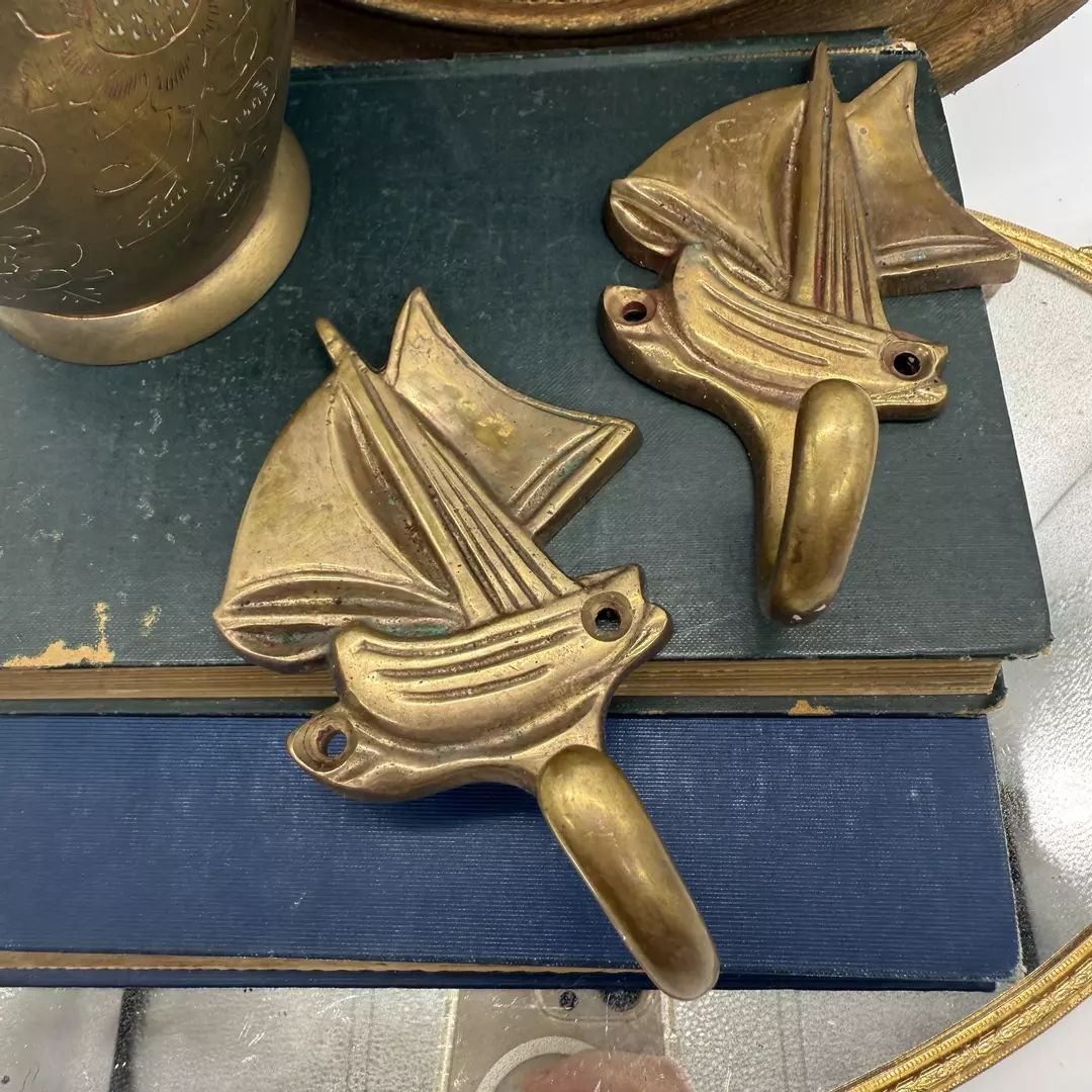 Set of 2 Vintage Brass Sailboat Wall Hooks thumbnail