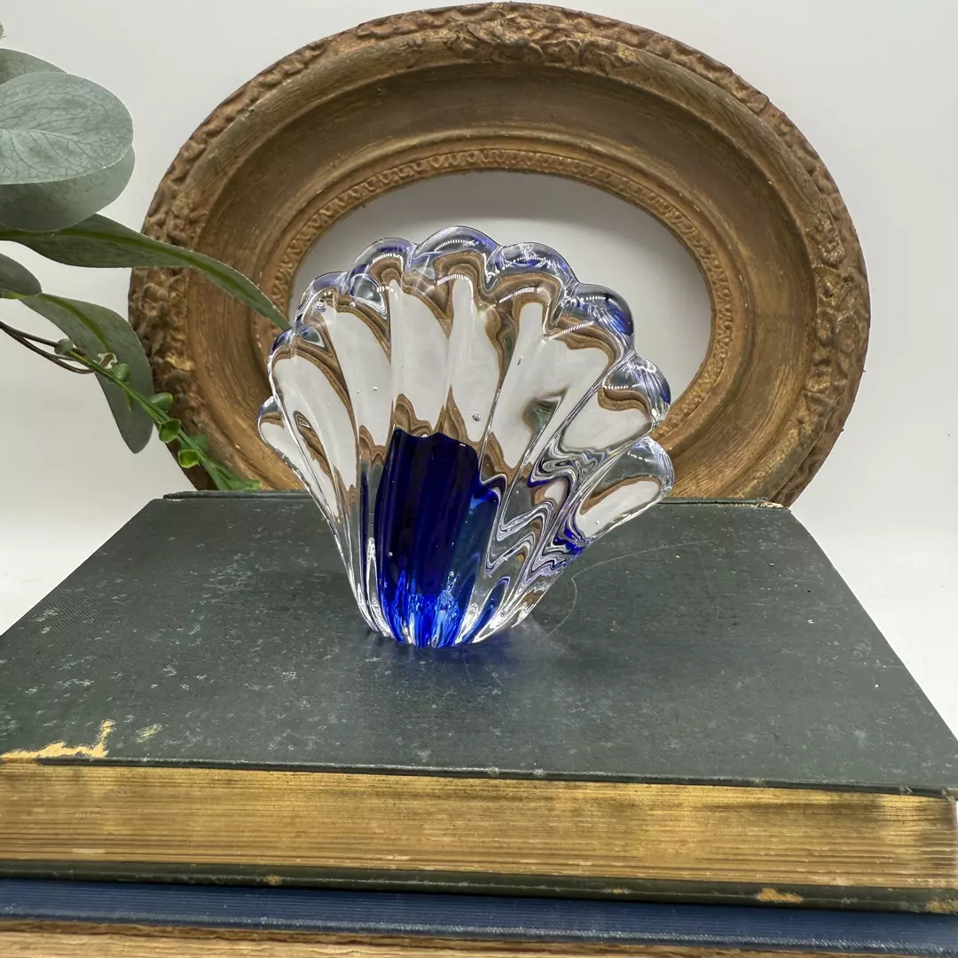 Sea Shell Glass Paperweight Clear Blue Beach Decor 3" Tall thumbnail