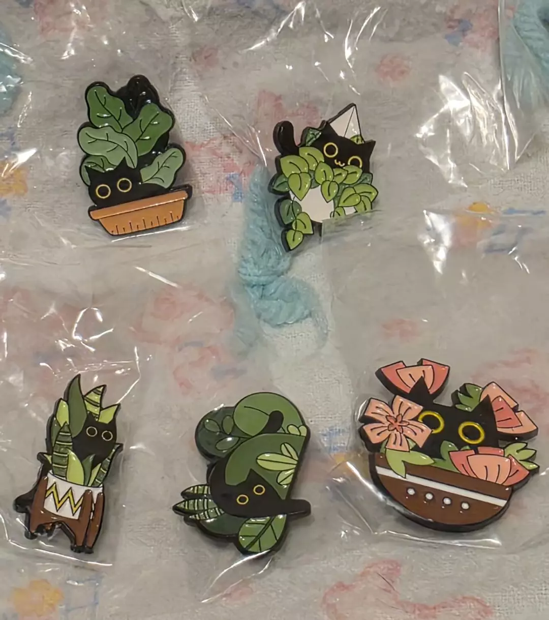Black Cat and plant themed Enamel Pins thumbnail