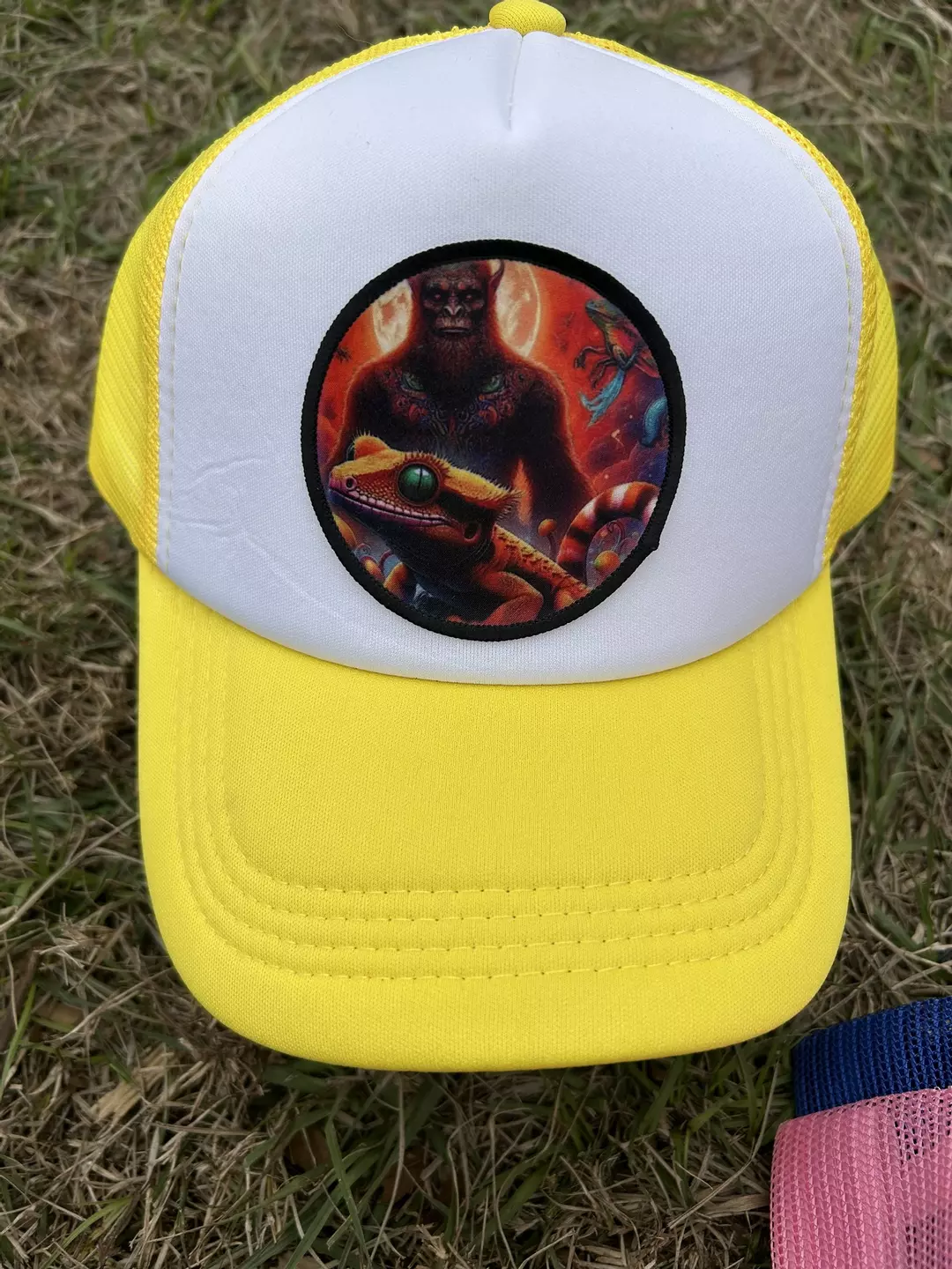 Yellow gecko and Bigfoot trucker hat  thumbnail