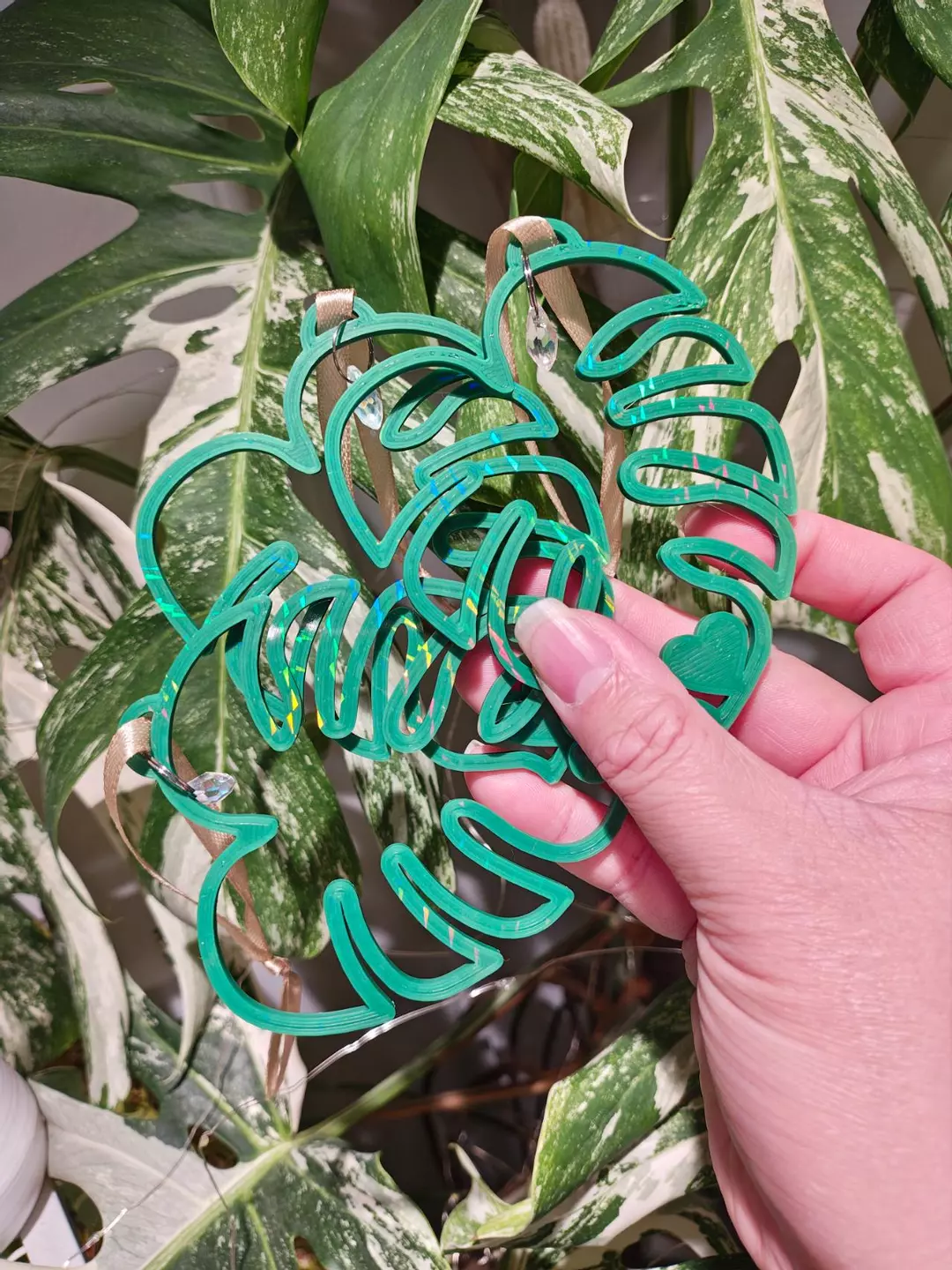 Set of 3 Monstera Ornaments with holographic effect thumbnail