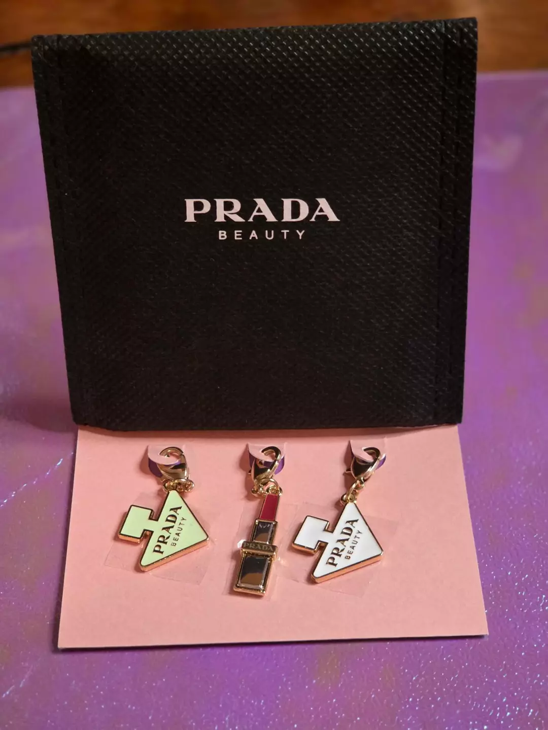 PRADA Beauty 3 Bag Charm Set | Enamel Bottle | Lipstick | Logo Goldtone New thumbnail