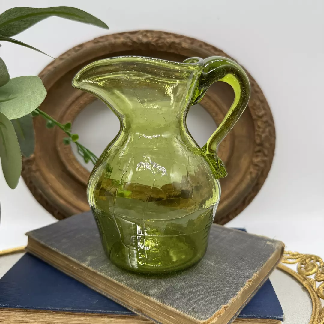 Green Hand Blown Crackle Glass Pitcher thumbnail