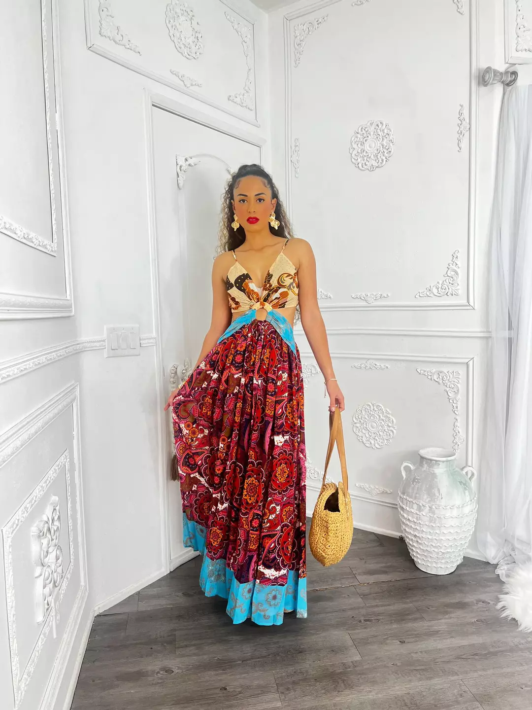 BOHO PATCHWORK CUTOUT MAXI DRESS WITH SIDE SLIT thumbnail