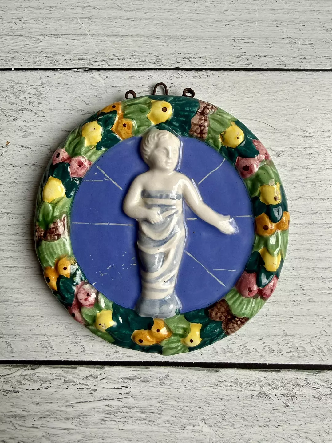 Vintage Italian ceramic wall plaque in the Della Robbia style 4” thumbnail