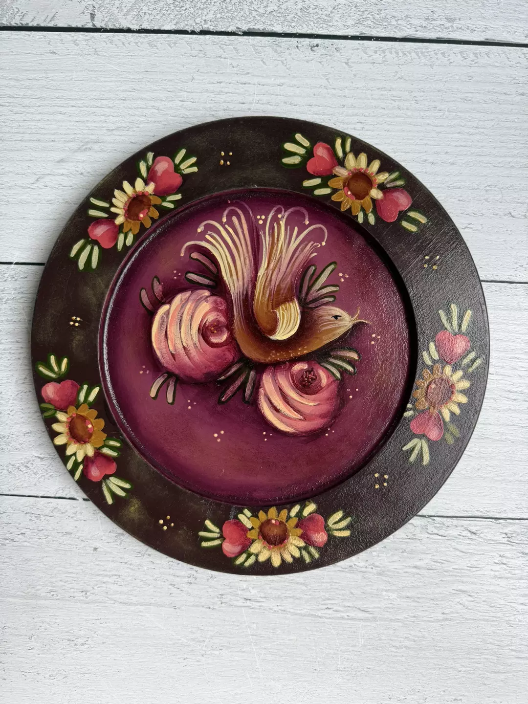 Wooden plate folk art with floral and bird design. 9.5” diameter  thumbnail