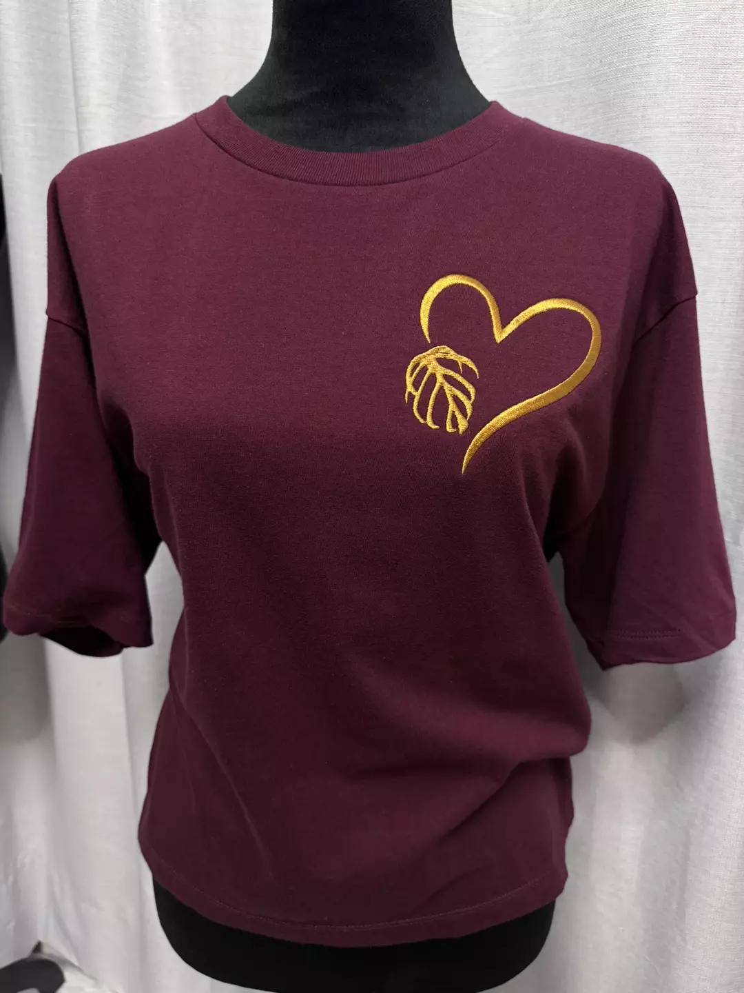 Monstera sierrana Heart Charm- Maroon/gold - Boxy T - DM size (S,M,L) thumbnail