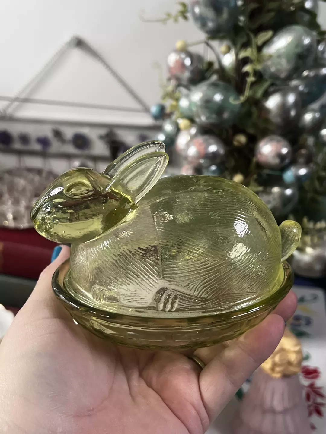 26. Vintage Yellow Glass Bunny on Nest. 5" thumbnail