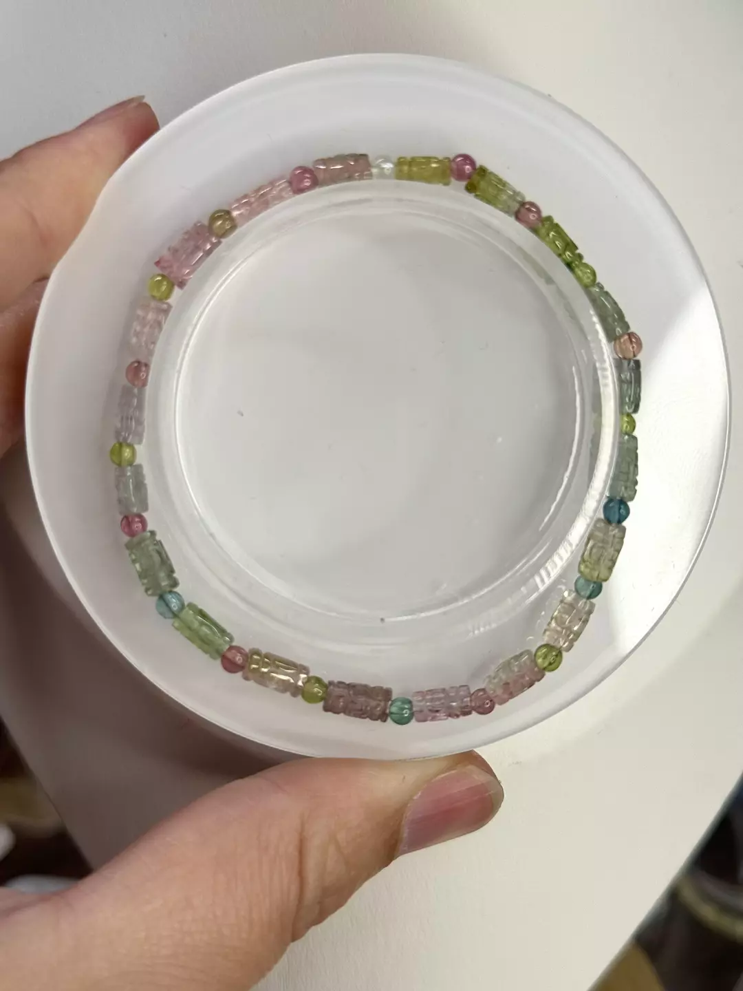 $165| Rainbow Tourmaline Carved Huiwen Barrel Beaded Bracelet 3-4mm | 6.75” thumbnail