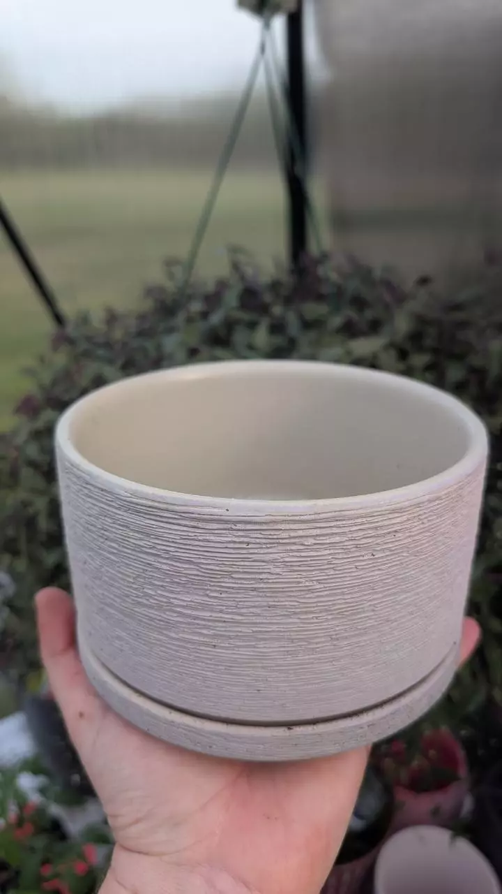 Heavy ceramic flower pot with built-in drip tray thumbnail