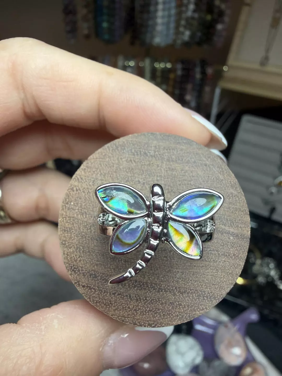 abalone shell dragonfly adjustable ring thumbnail