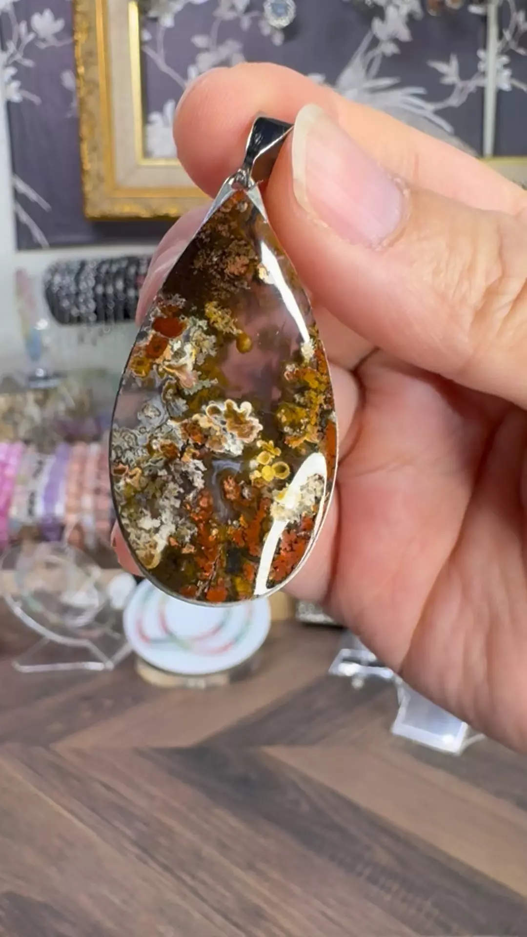 $40|3607 Landscape Moss Agate Bezel Set Silver Plated Pendant • Handmade from Indonesia  thumbnail