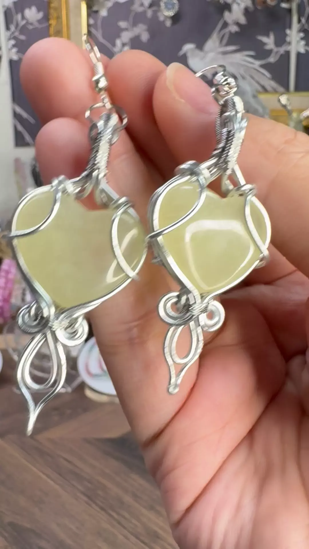 $45|3605 Lemon Jade Wirewrapped Artisan Silver Plated Earrings • Handmade from Indonesia  thumbnail