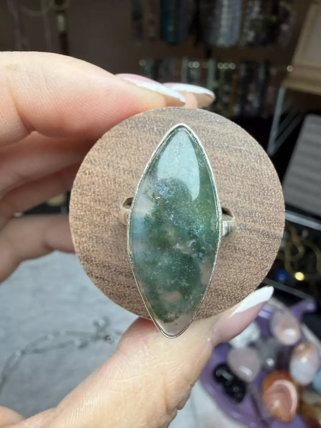 s925 sterling silver moss agate adjustable ring thumbnail