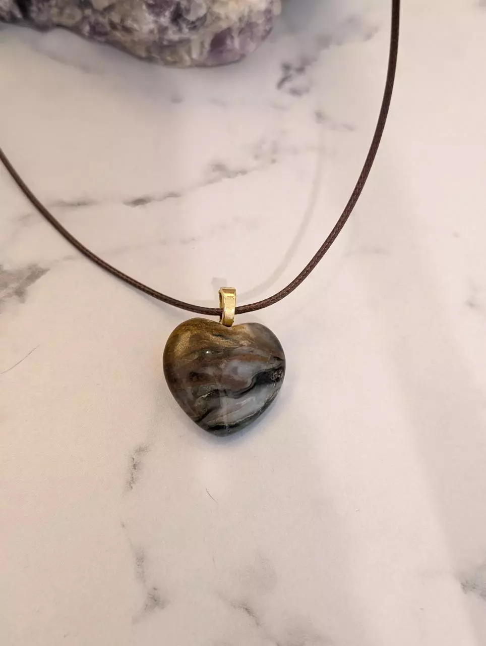 Ocean Jasper heart on 22-24" brown adjustable faux leather thumbnail