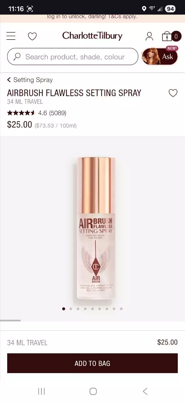 Charlotte tilbury. 1.1oz Travel size setting spray thumbnail